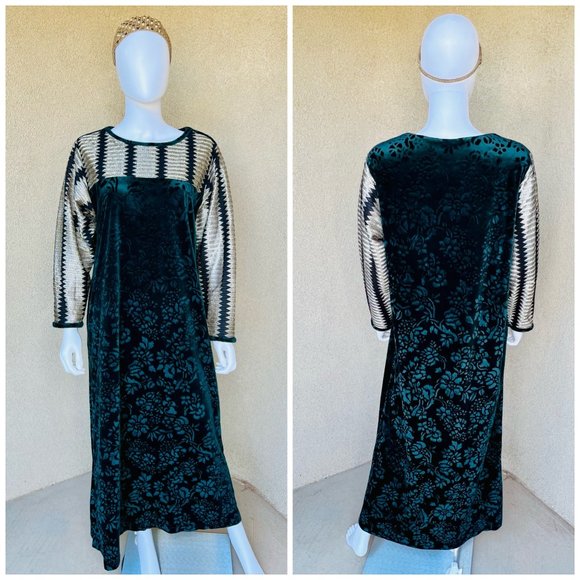Vintage Dresses 99s Emerald Green Floral Pattern Velvet Dress